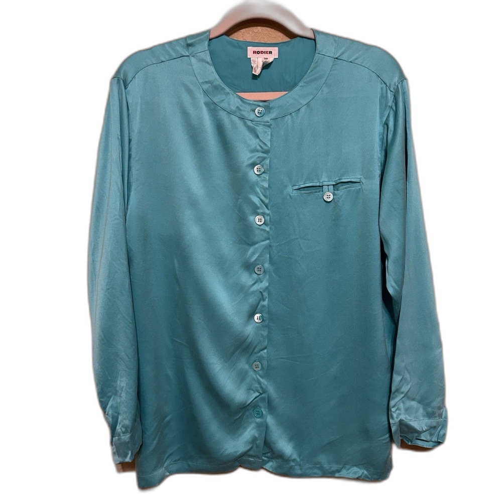 Rodier 100% Silk Satin Top Womens Size 38 US 6 Blue Button Up